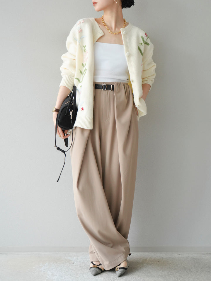 [SET]フラワー刺繍ニットカーディガン+ベルト付タックワイドパンツ(2set)