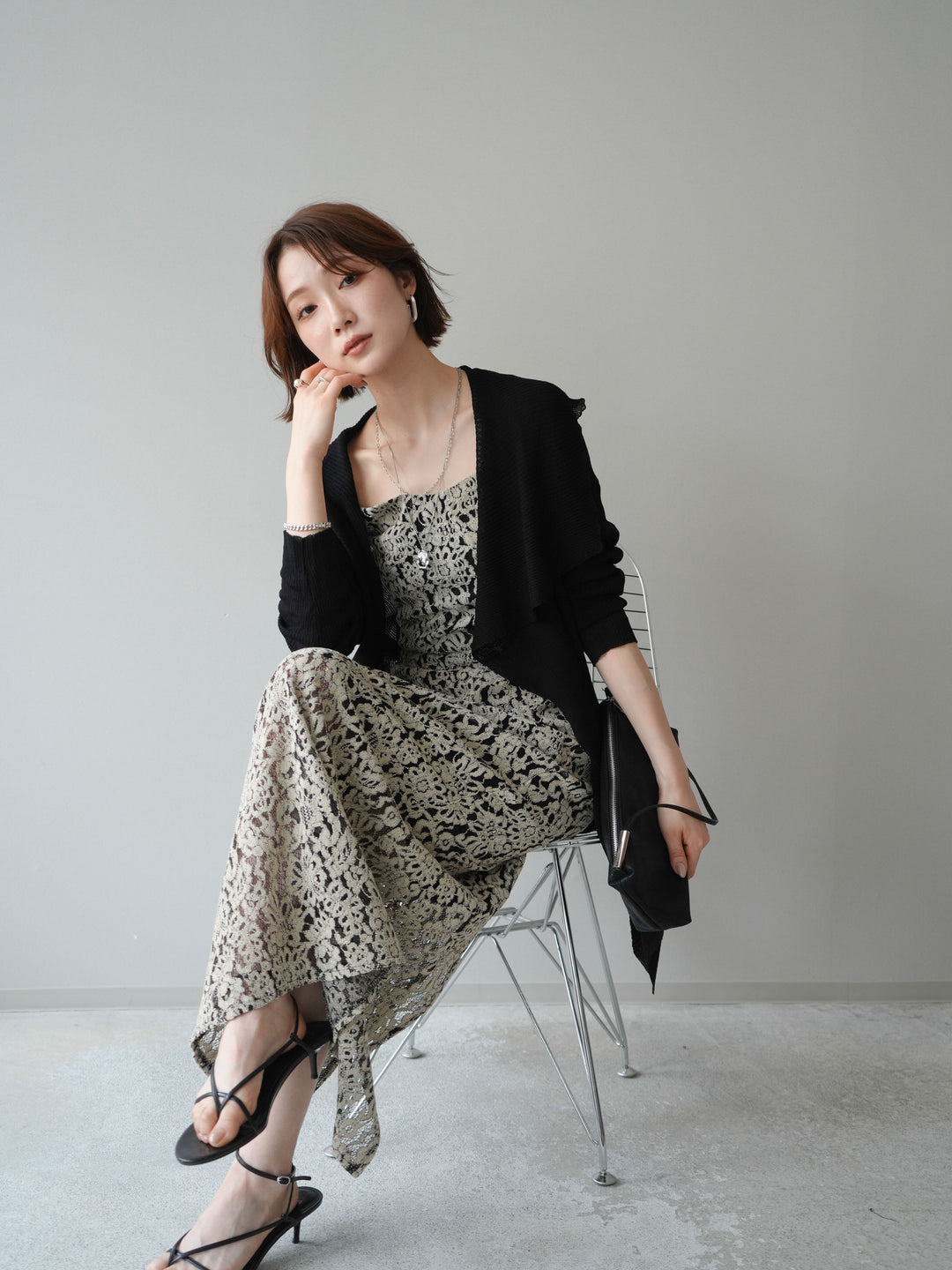 [SET]ドレープリブニットガウン+フルレースキャミ＆IラインスカートSET UP(2set)