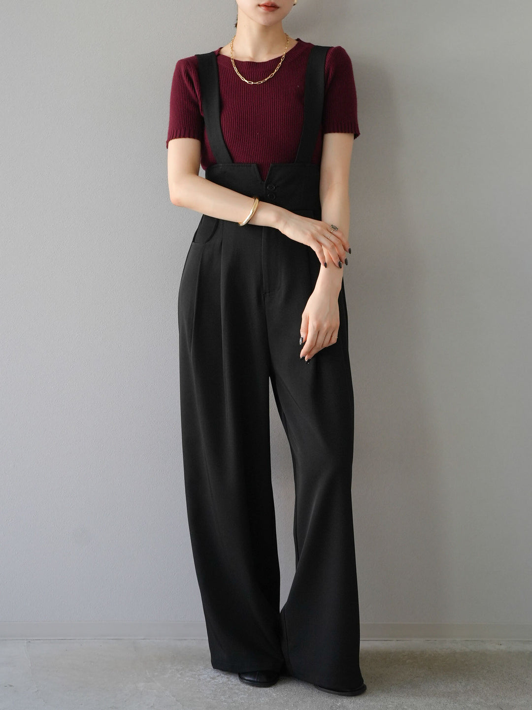 [予約]バックホールハーフスリーブリブニットトップス/ボルドー