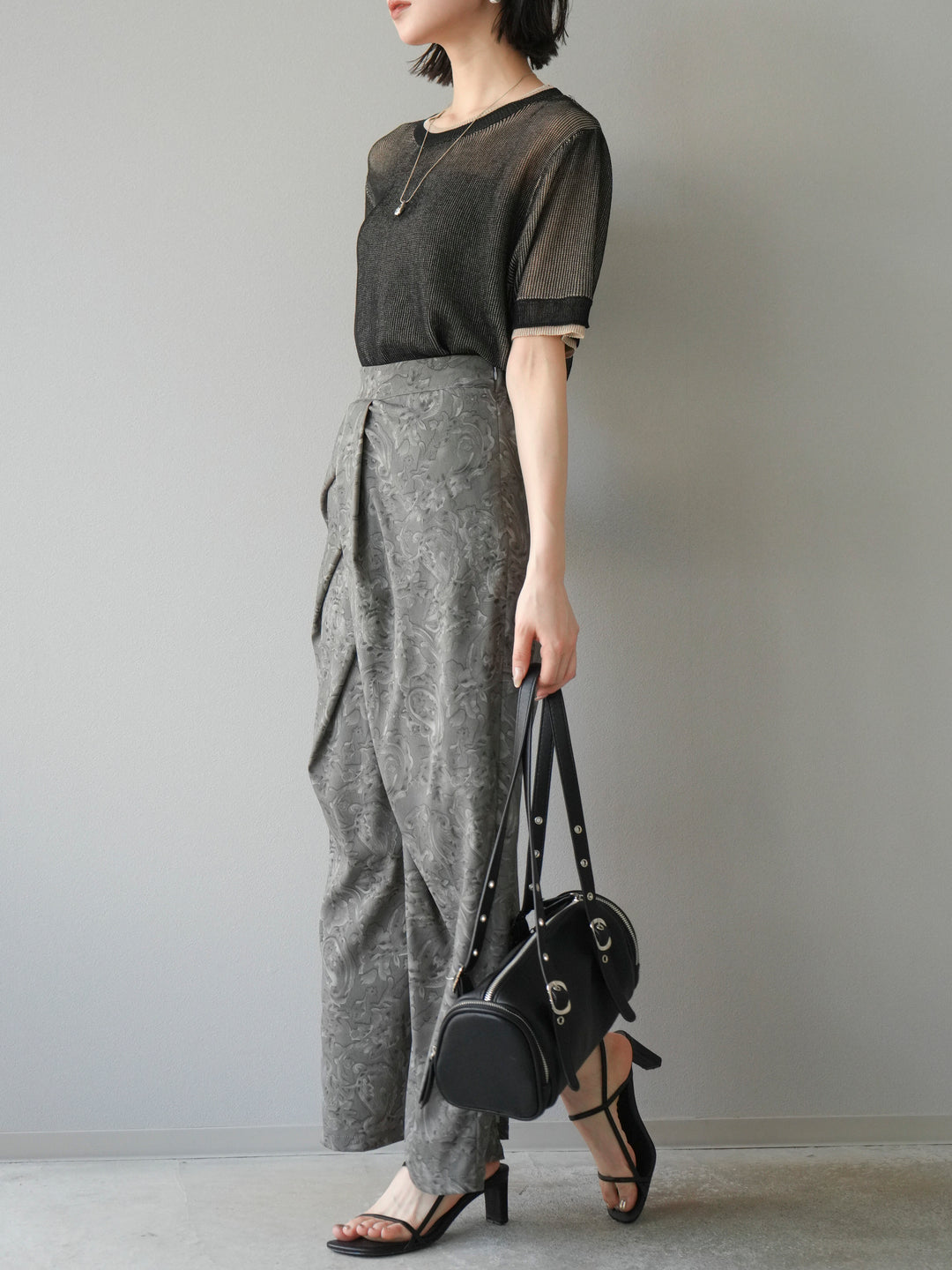 [SET]リネンタッチ配色二重臼ハーフニットトップス+選べるアソート柄スカートセット(2set)