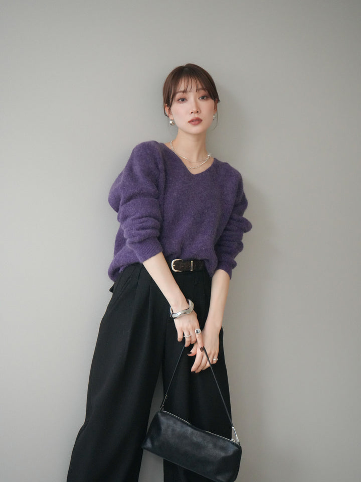 [SET]シュシュ付きアンゴラタッチVネックニットプルオーバー+選べるアクセセット(2set)