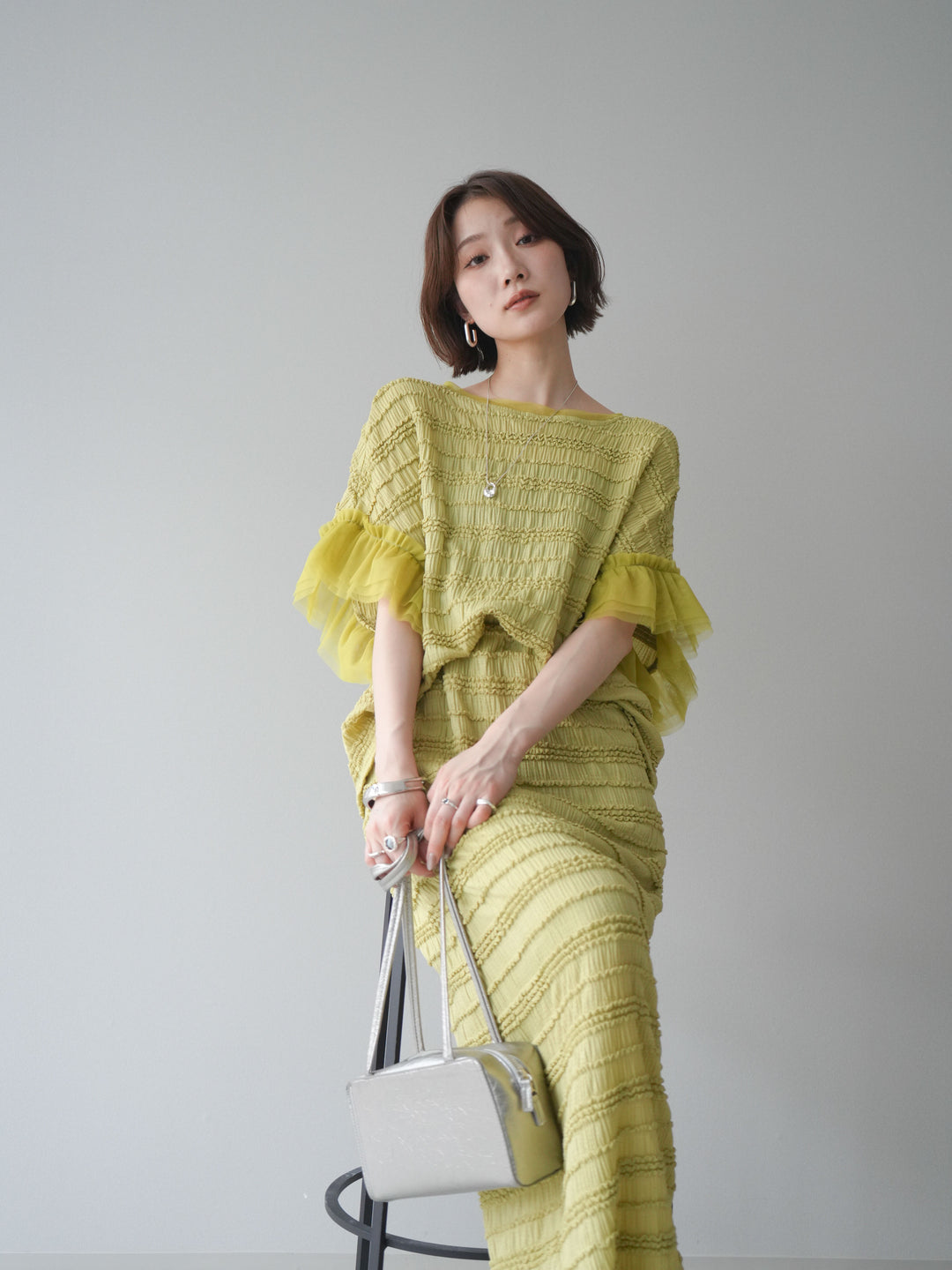 [SET]チュール袖リップルトップス+リップルIラインスカート(2set)