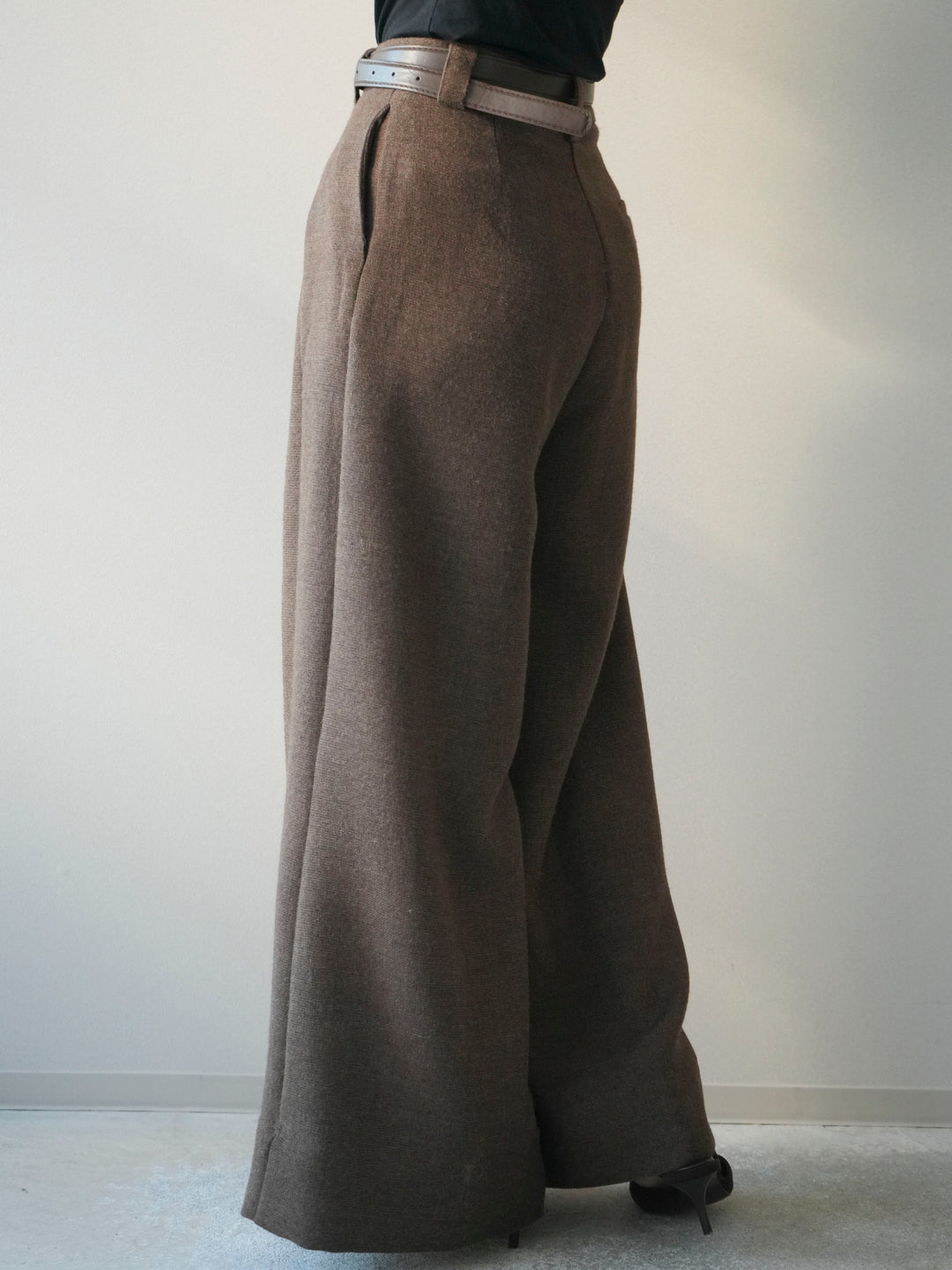 [予約]ウールタッチベルト付ワイドパンツ/brown