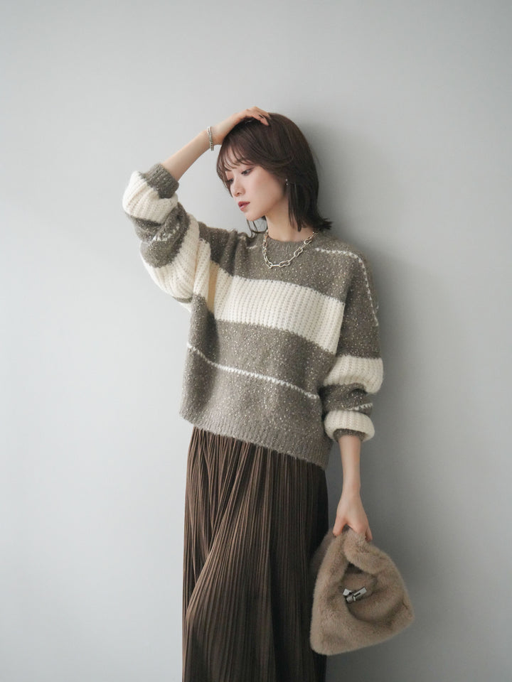 [予約]ネップヤーンボーダーニットプルオーバー/mocha