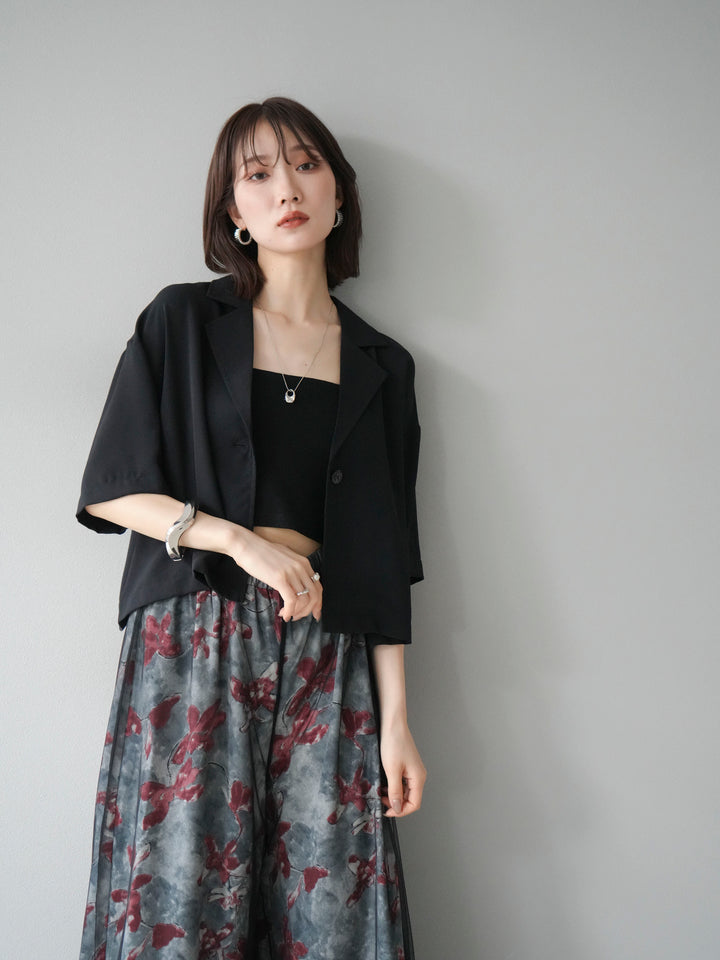 [SET]ハーフショートジャケット+フラワープリントチュールレイヤードパンツ(2set)