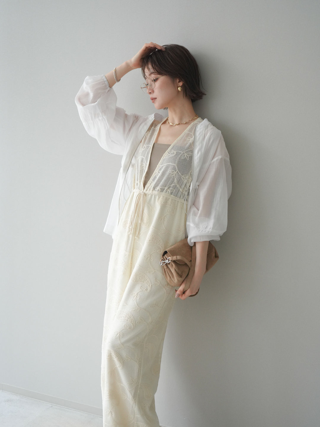 [SET]レース刺繍サロペット+ドロストシアーブルゾン(2set)