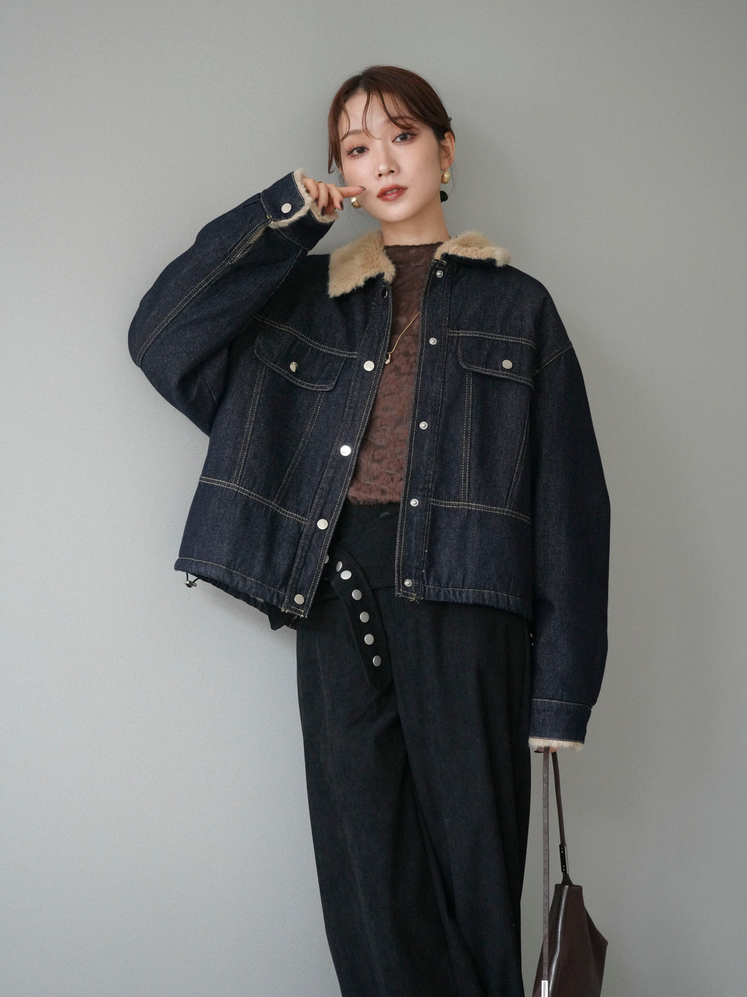[予約]デニム×ファーステンカラーショートジャケット/indigo