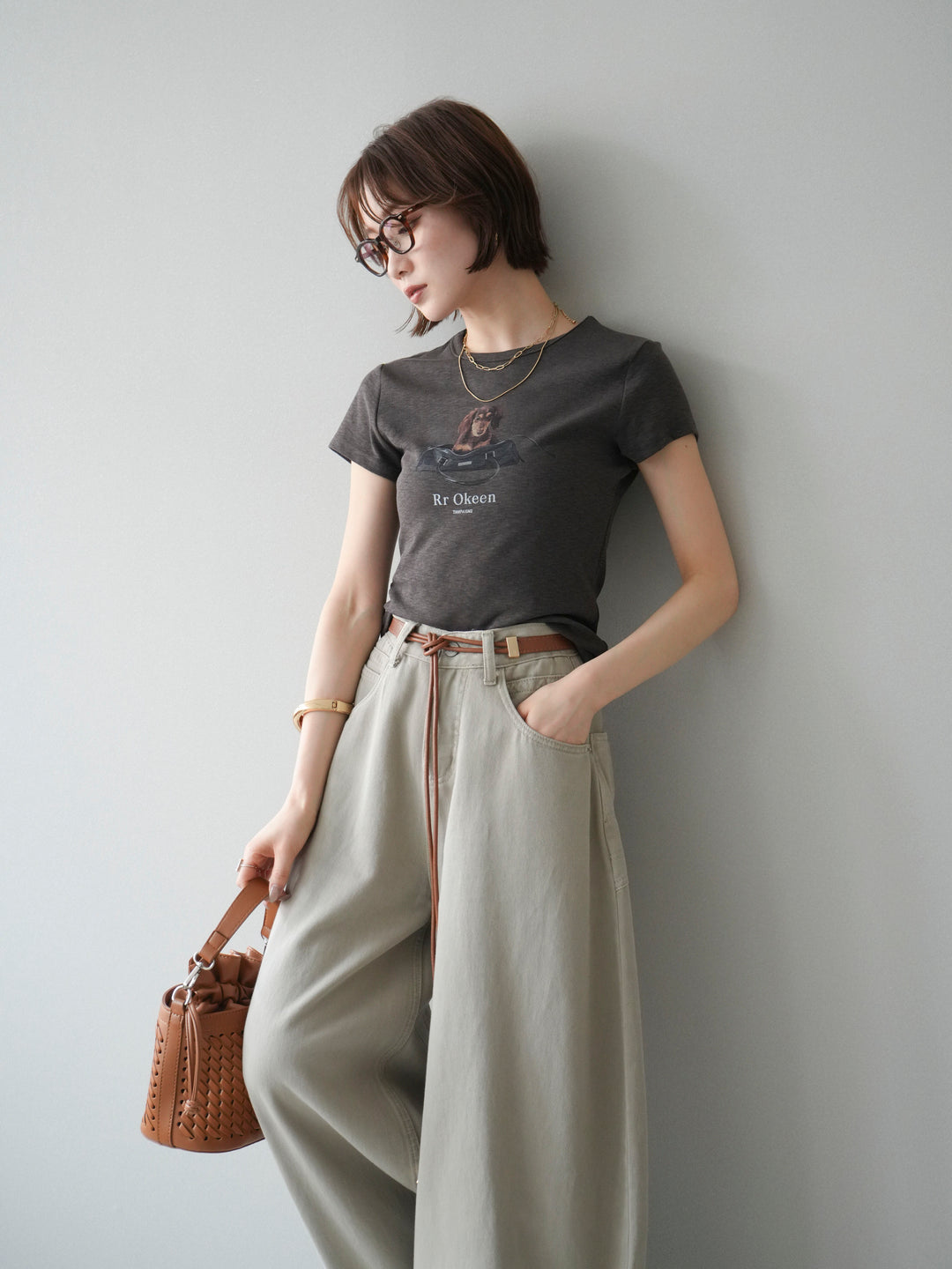 [SET]ドッグコンパクトTEE+ベルト付ボリュームデザインデニム(2set)