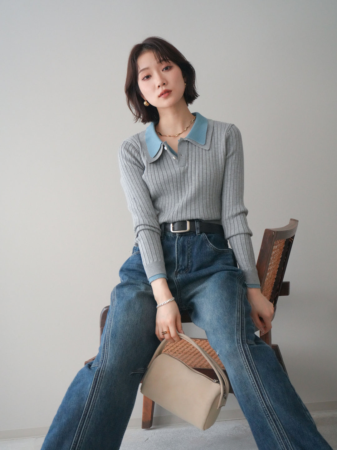 [SET]ダブル襟ポロリブニットトップス+ダブル襟ポロリブニットトップス(2set)