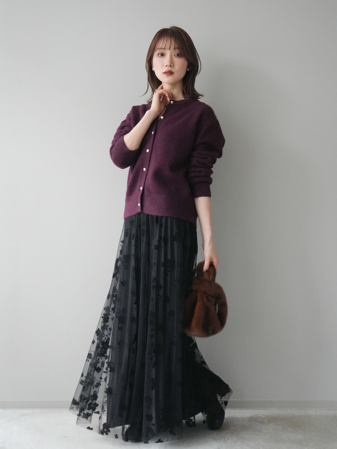 [SET]アンティークボタンニットカーディガン+フラワーフロッキーチュールプリーツスカート(2set)