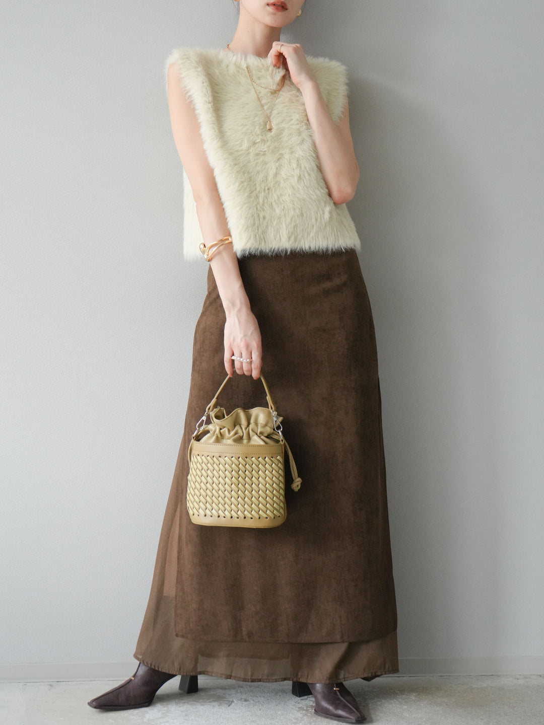 [予約]サイドスリットスウェードドッキングシフォンスカート/ブラウン