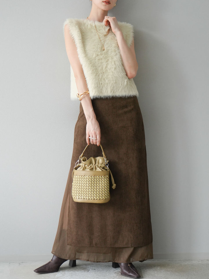 [予約]サイドスリットスウェードドッキングシフォンスカート/ブラウン