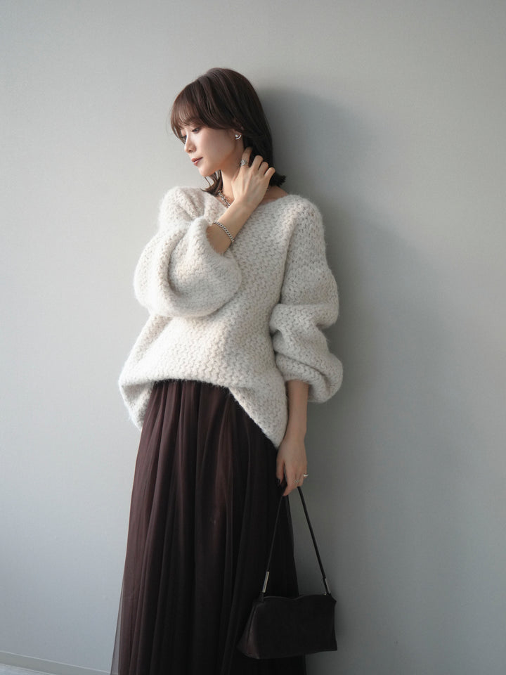 [SET]ウールタッチラメミックスヤーンVネックニットプルオーバー+チュールボリュームスカート(2set)