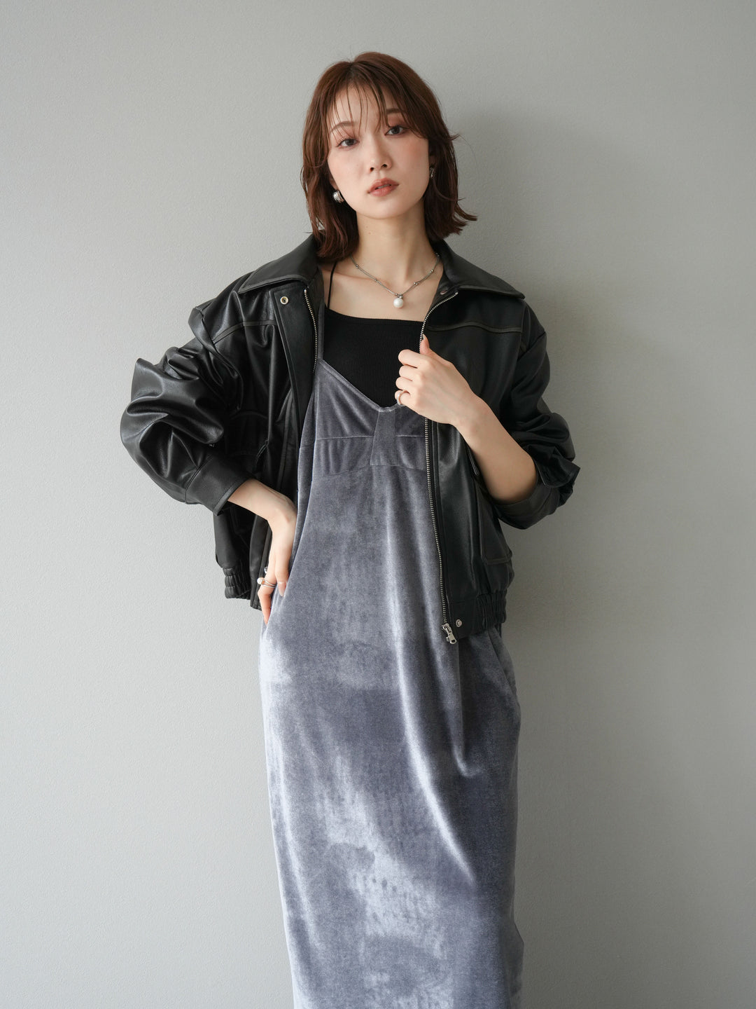 [予約]ベロアビスチェキャミワンピース/グレー