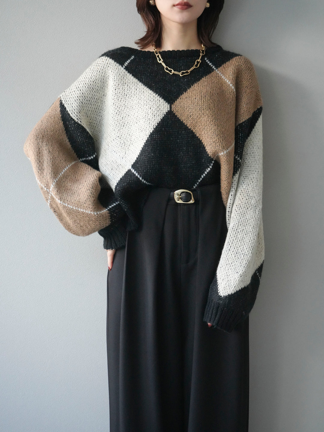 [SET]配色ステッチアーガイル柄ニットプルオーバー+選べるアクセセット(2set)