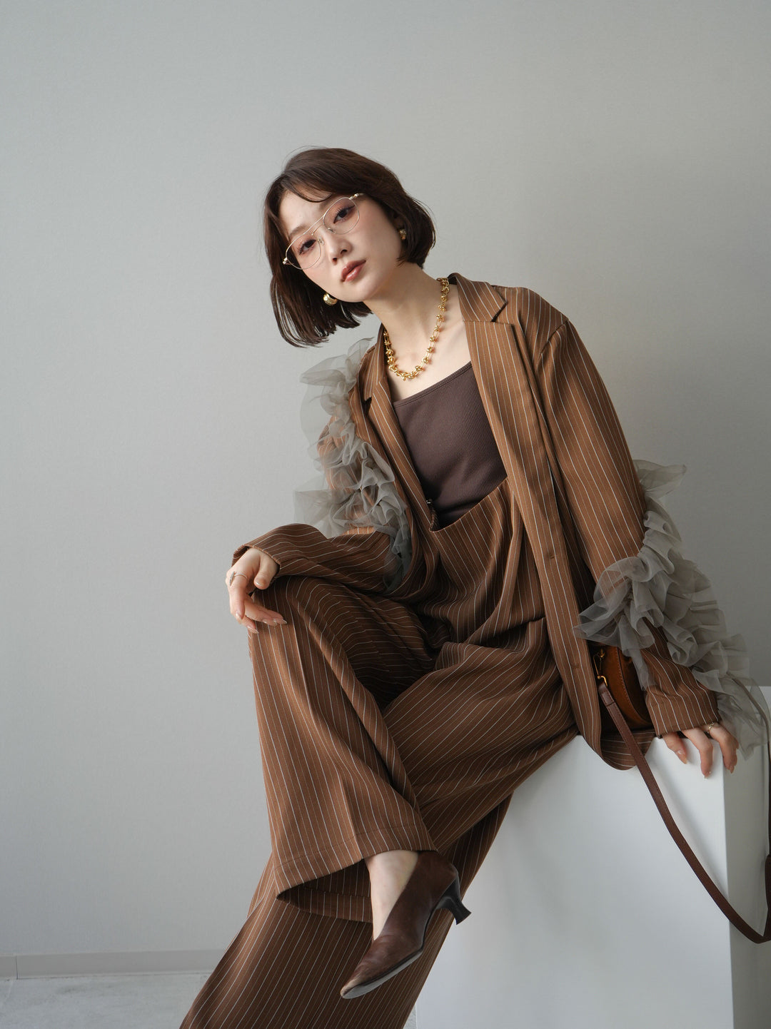 [予約]アシンメトリーチュールストライプジャケット/goldbrown