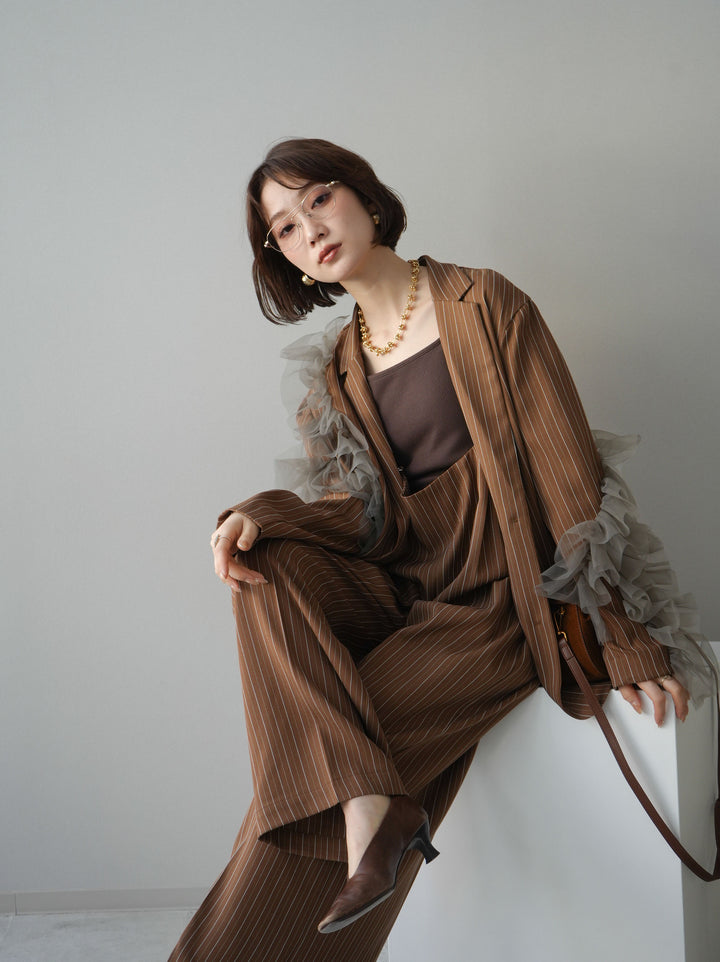 [予約]アシンメトリーチュールストライプジャケット/goldbrown