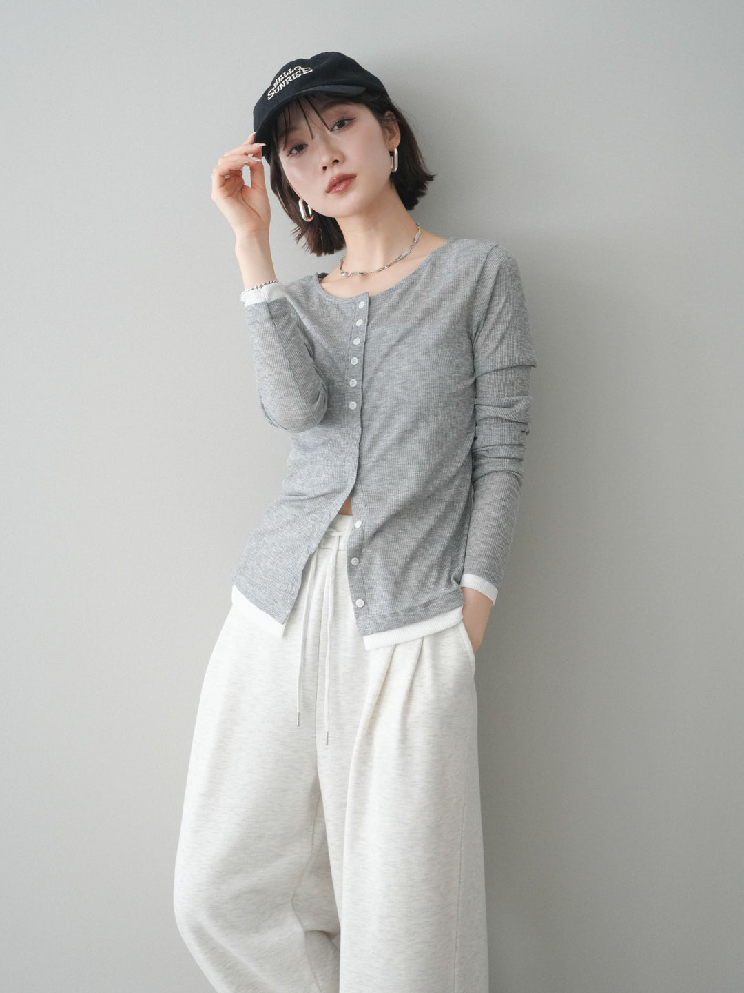 [予約]シアーリブバイカラーカーディガン/gray