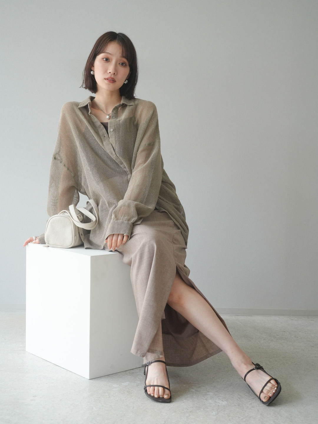 [予約]コットンラメメッシュオーバーシャツ/ベージュ