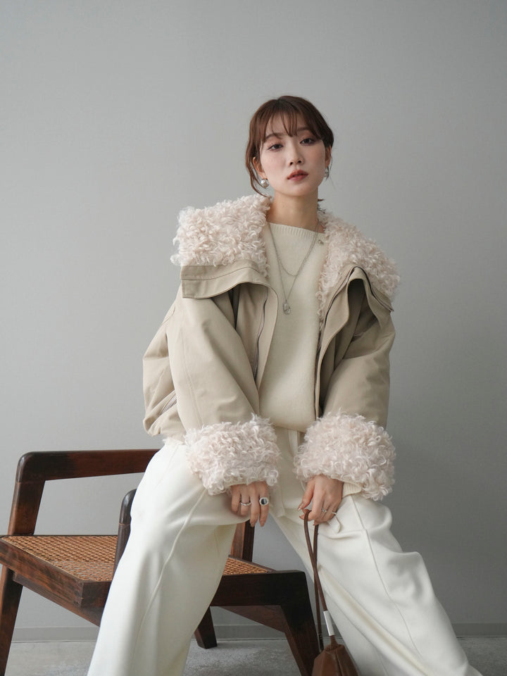 [SET]プードルファーダウンジャケット+アンゴラタッチボートネッククロップドプルオーバー+ウエストベルトカーブラインスエットパンツ(3set)