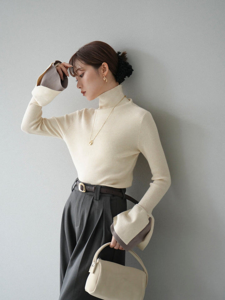 [SET] 疊層喇叭袖高領針織上衣 + 雙褶寬褲 (2 套)