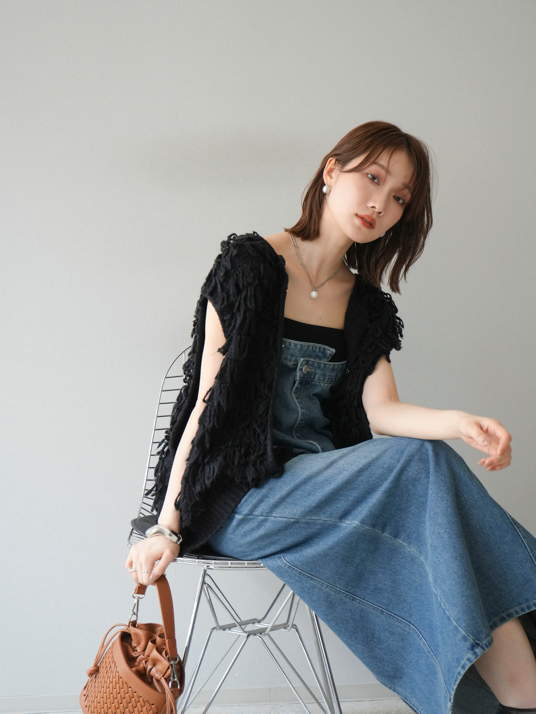 [SET]ループデザインベスト+アシンメトリーデニムワンピース(2set)