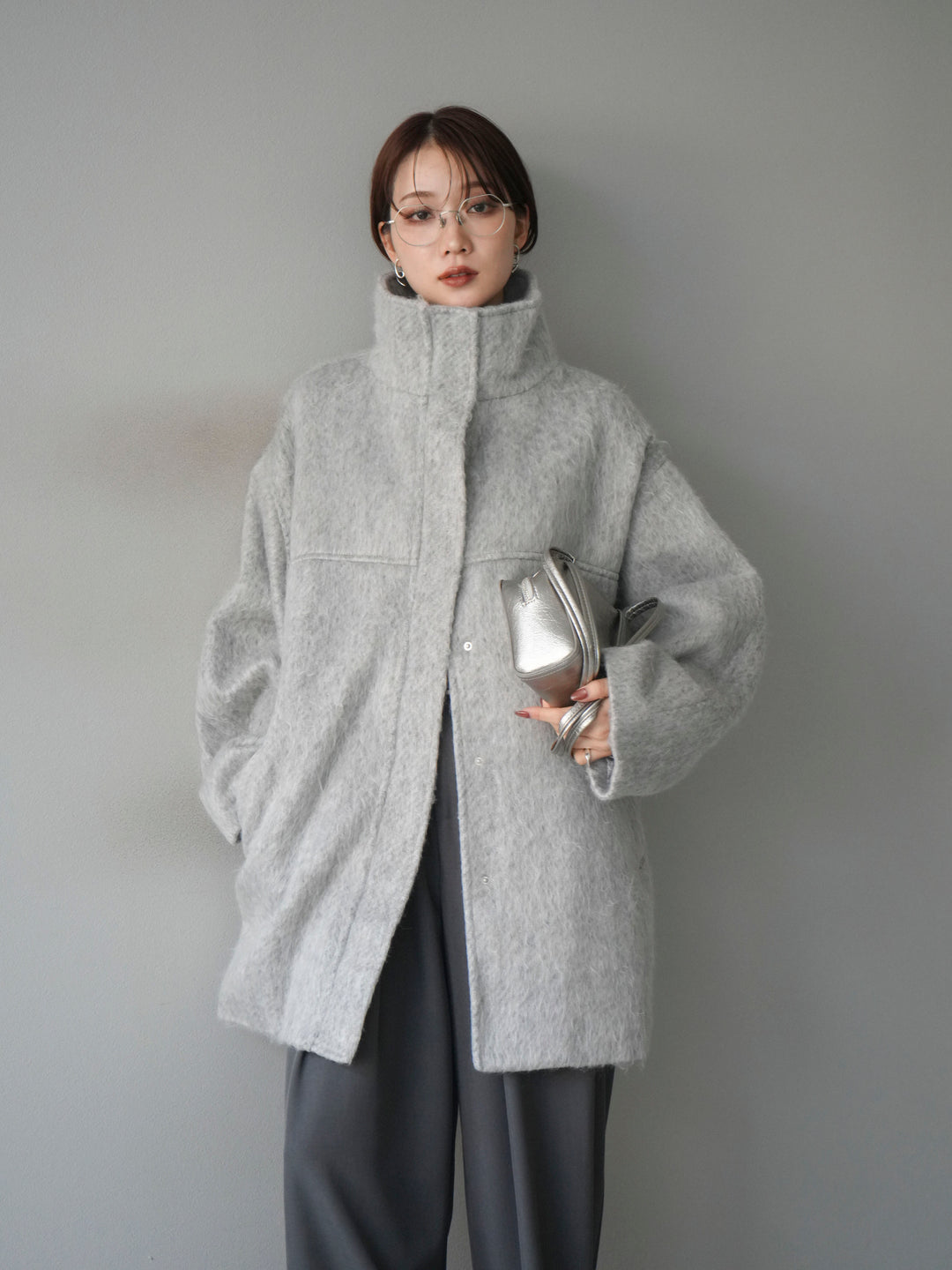 [予約]スタンドカラーシャギーコート/mokugray