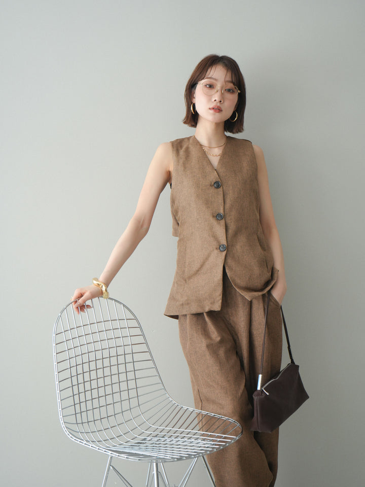 [SET]リネンライクバックオープンジレ+リネンライクタックワイドパンツ(2set)