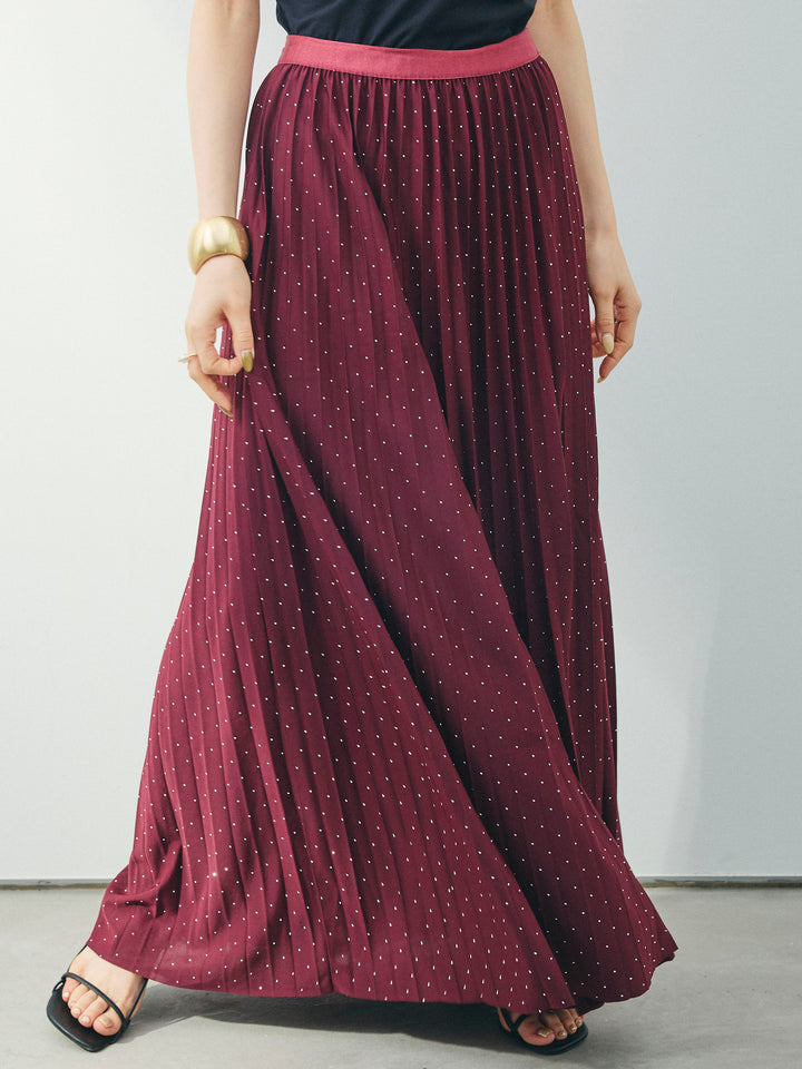 [予約]ラインストーンプリーツスカート/バーガンディー