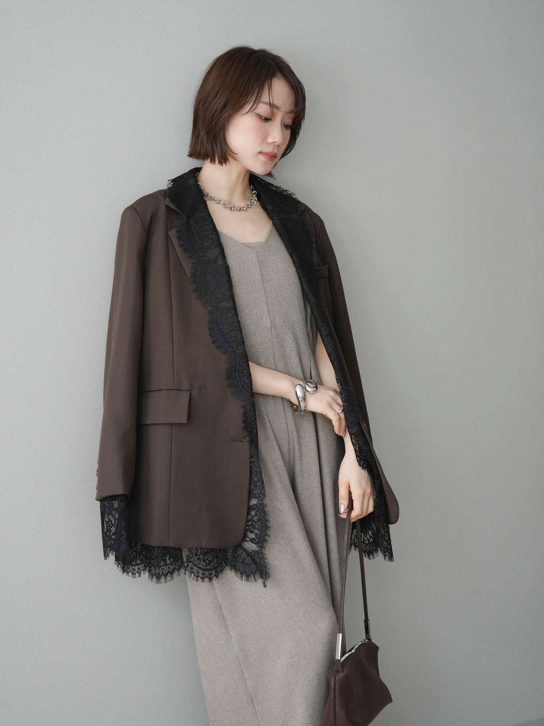 [予約]レースドッキングオーバージャケット/brown