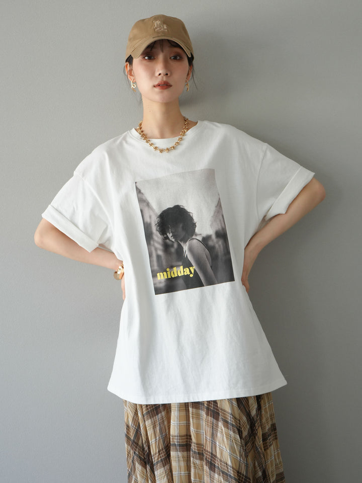 [SET]ネオンロゴフォトプリントBIG Tシャツ+シアーチェックアシンメトリーワッシャースカート(2set)