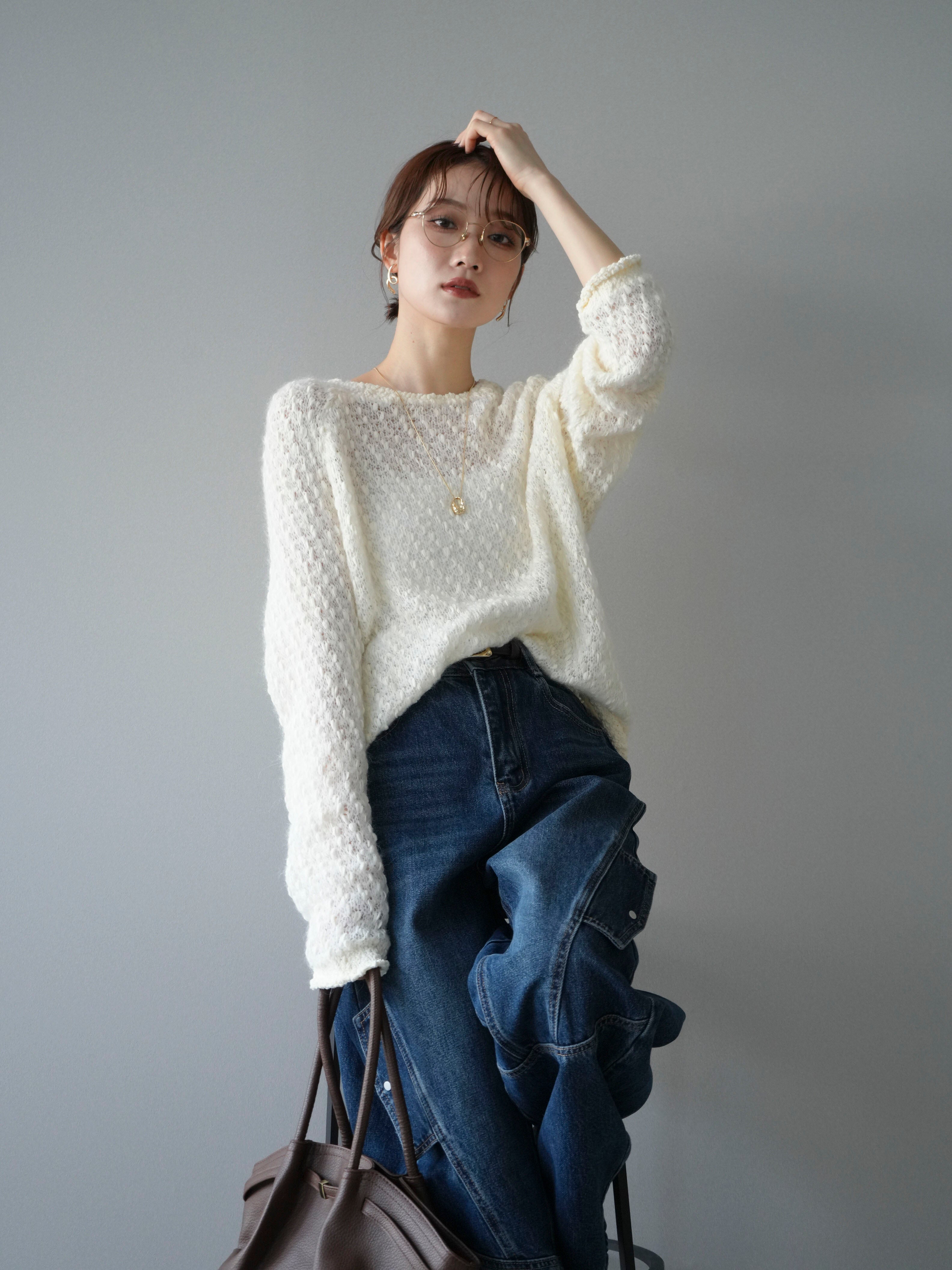 予約]透かし編みモヘアタッチポコポコニットプルオーバー/ivory – Lumier