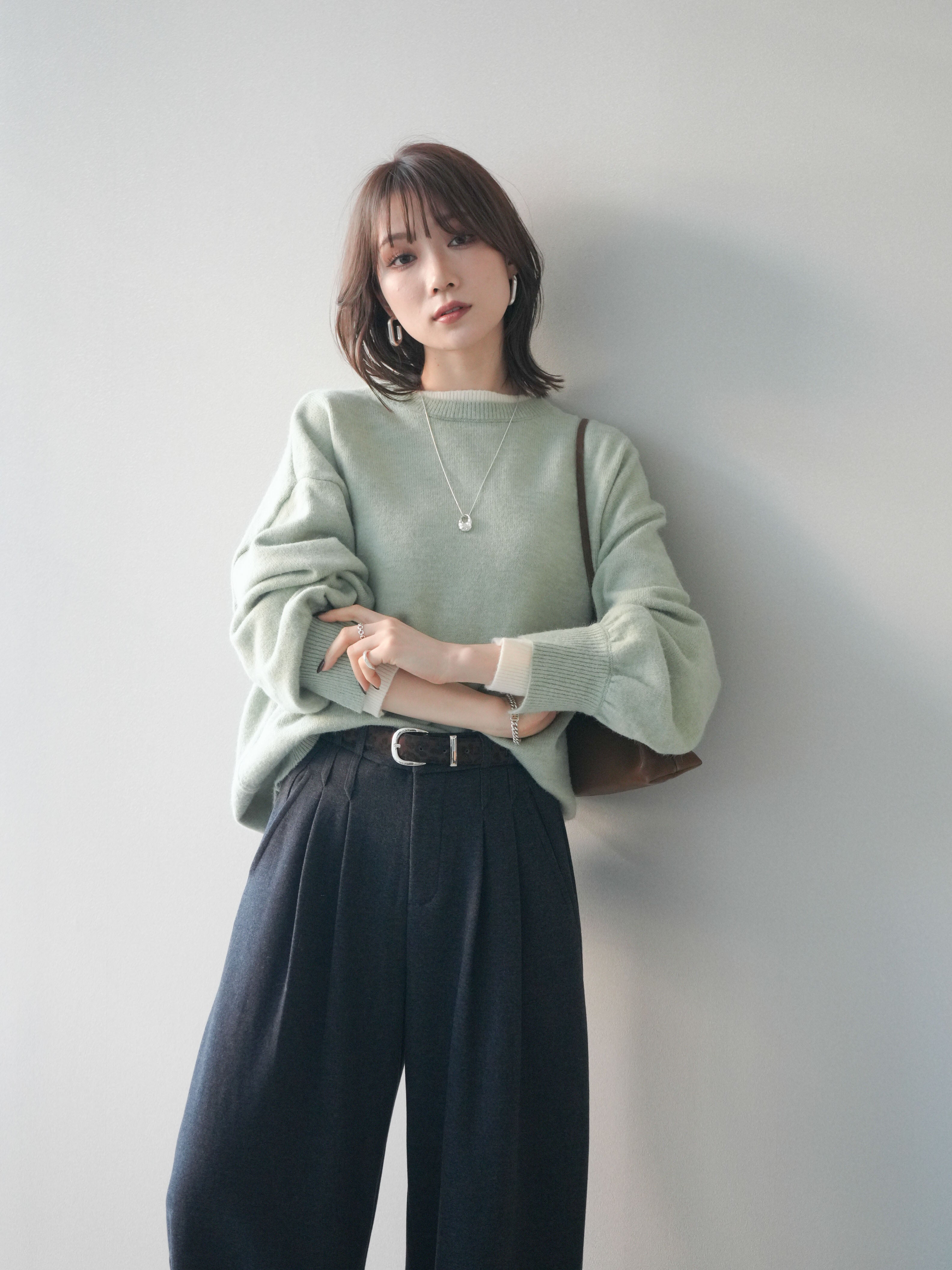 SET]ヘンリーネック配色レイヤードニットプルオーバー+ヘンリーネック