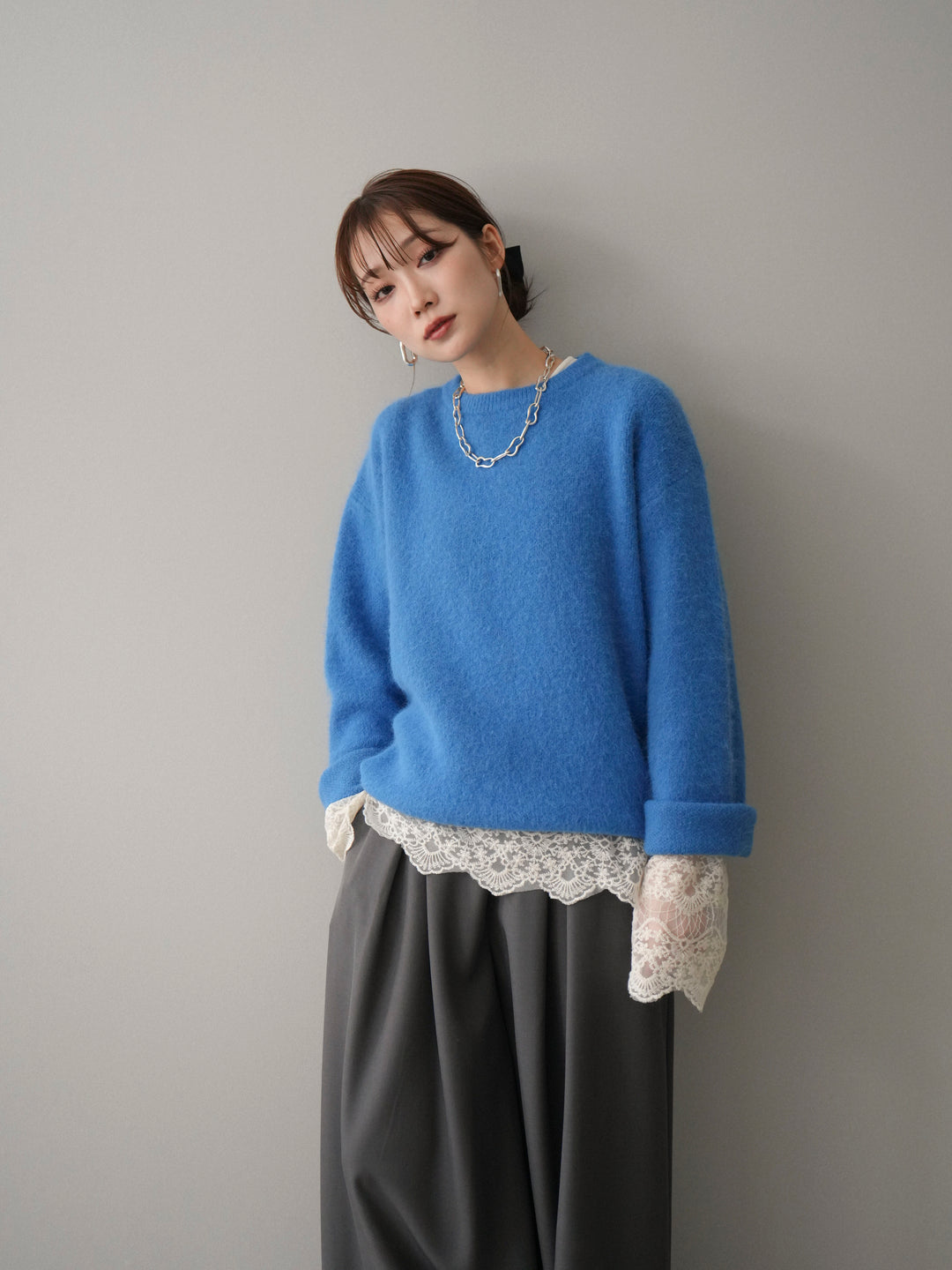 [SET]アンゴラタッチクルーネックニットプルオーバー+テープベルトタックバギーパンツ(2set)