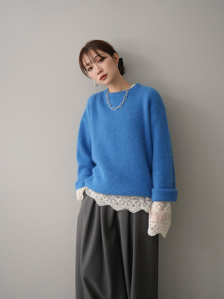 [SET]アンゴラタッチクルーネックニットプルオーバー+テープベルトタックバギーパンツ(2set)