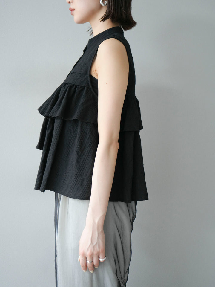 [予約]ドビーストライプアシンメトリーフリルノースリブラウス/ブラック