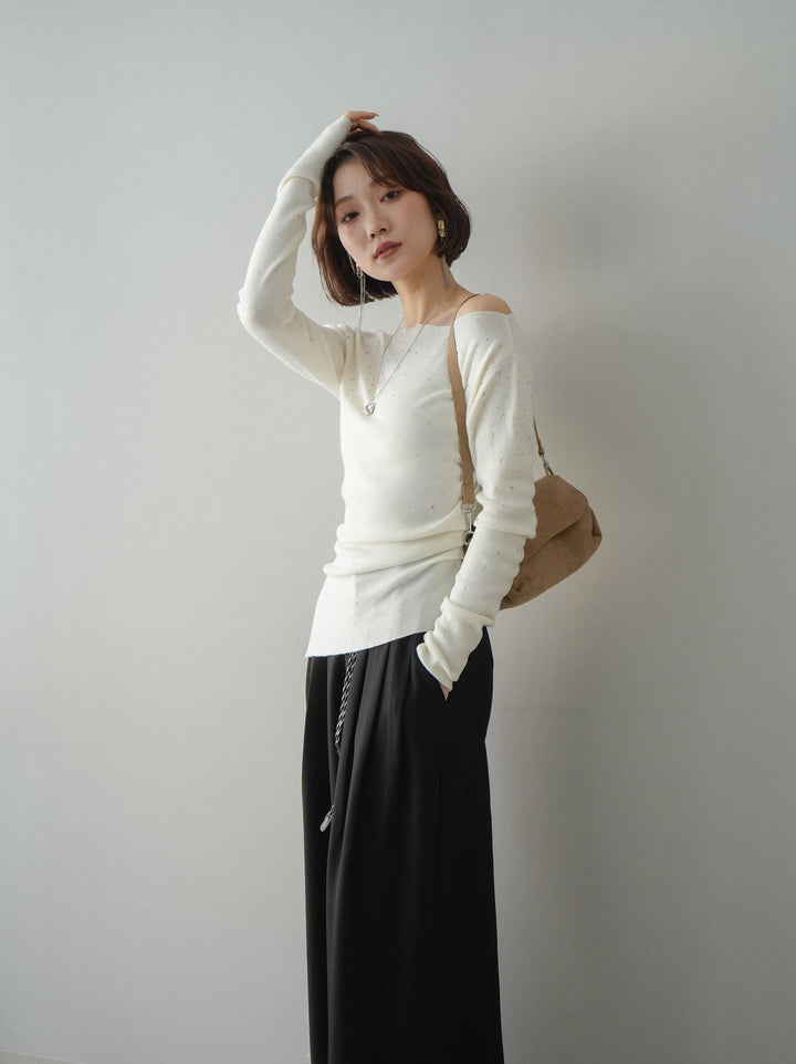 [予約]ラインストーンアシンメトリーニットトップス/ivory