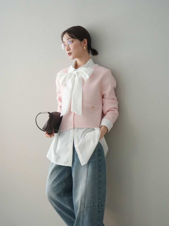 [SET]ゴールドボタンノーカラーニットジャケット+ガーメントウォッシュカーブデニムパンツ(2set)