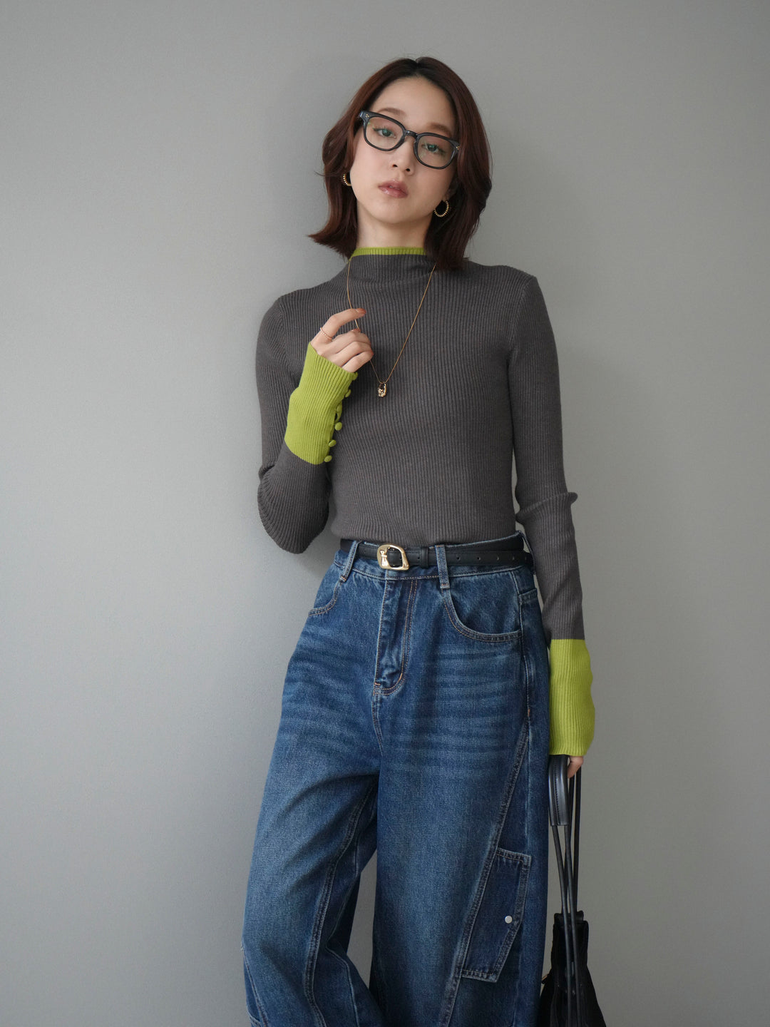 [SET]袖ボタンハイネック配色リブニットトップス+袖ボタンハイネック配色リブニットトップス(2set)