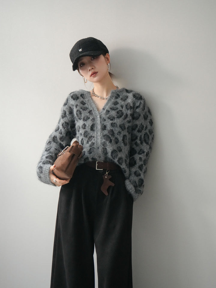 [SET]モヘアタッチレオパード柄ニットカーディガン+モヘアタッチレオパード柄ニットカーディガン(2set)
