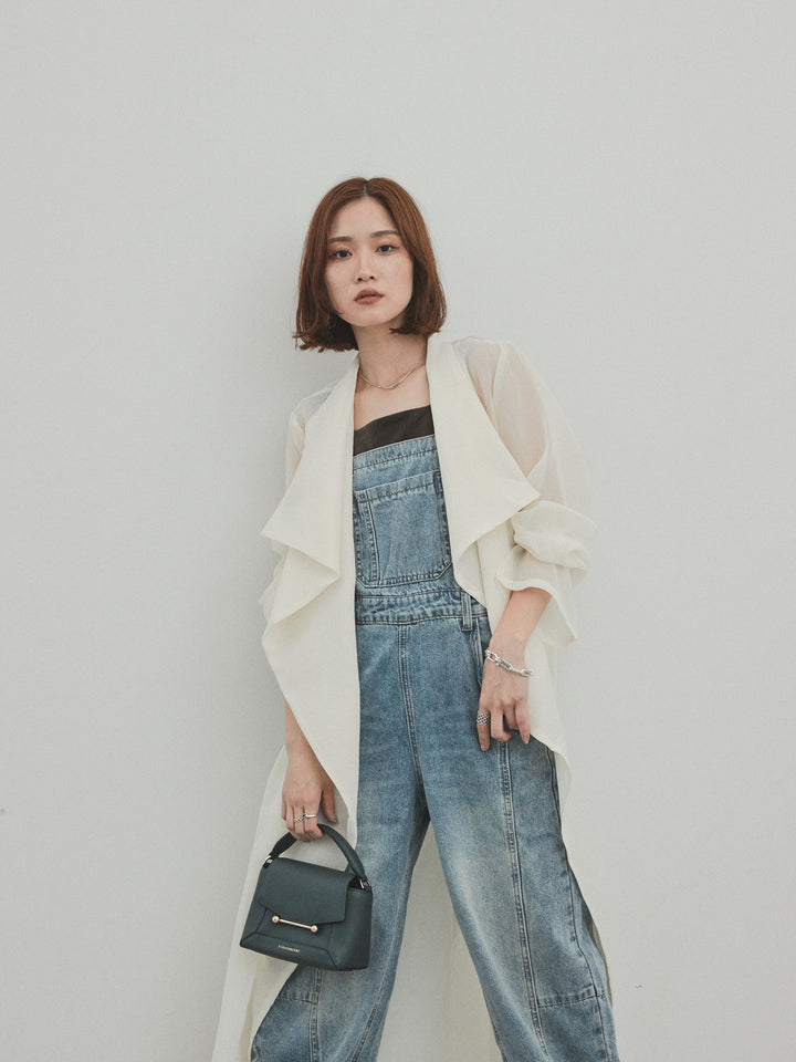 [SET] 中縫牛仔背帶褲 + 透視長版外套（2 件組）