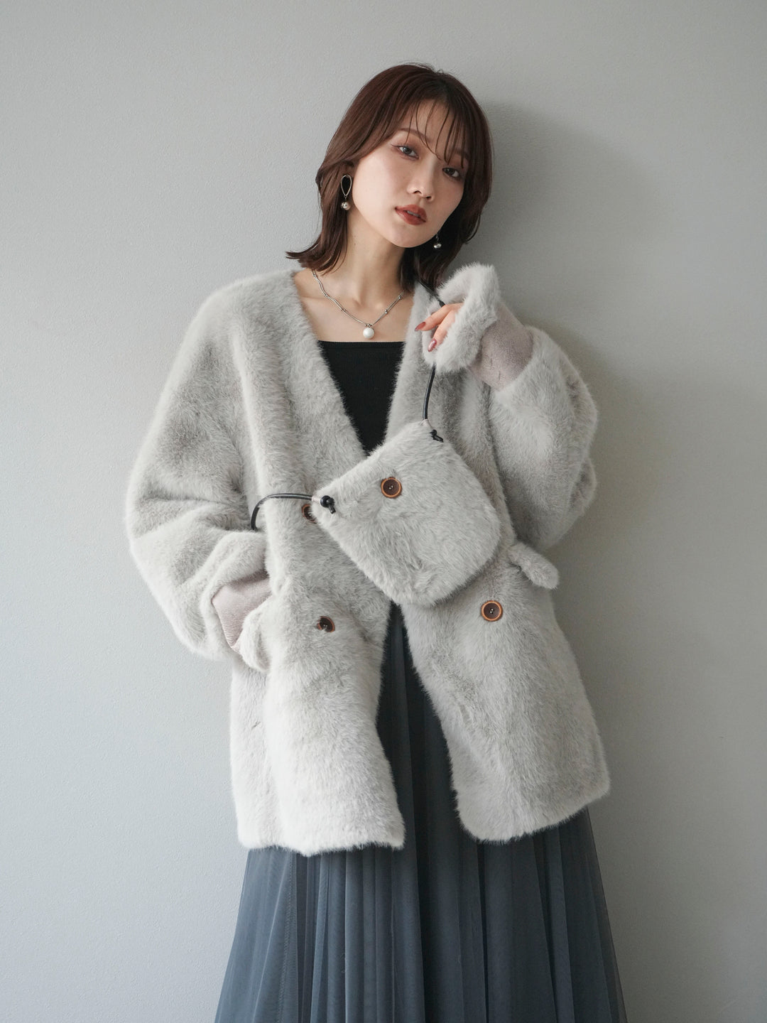 [SET]バッグ付エコファーノーカラーコート+チュールボリュームスカート(2set)