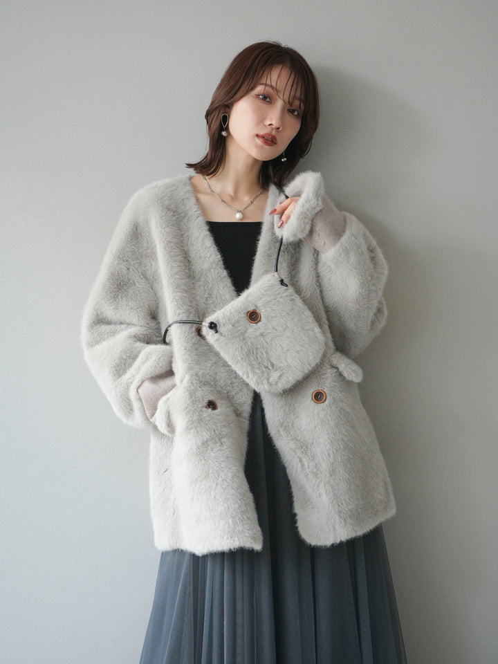 [SET]バッグ付エコファーノーカラーコート+チュールボリュームスカート(2set)