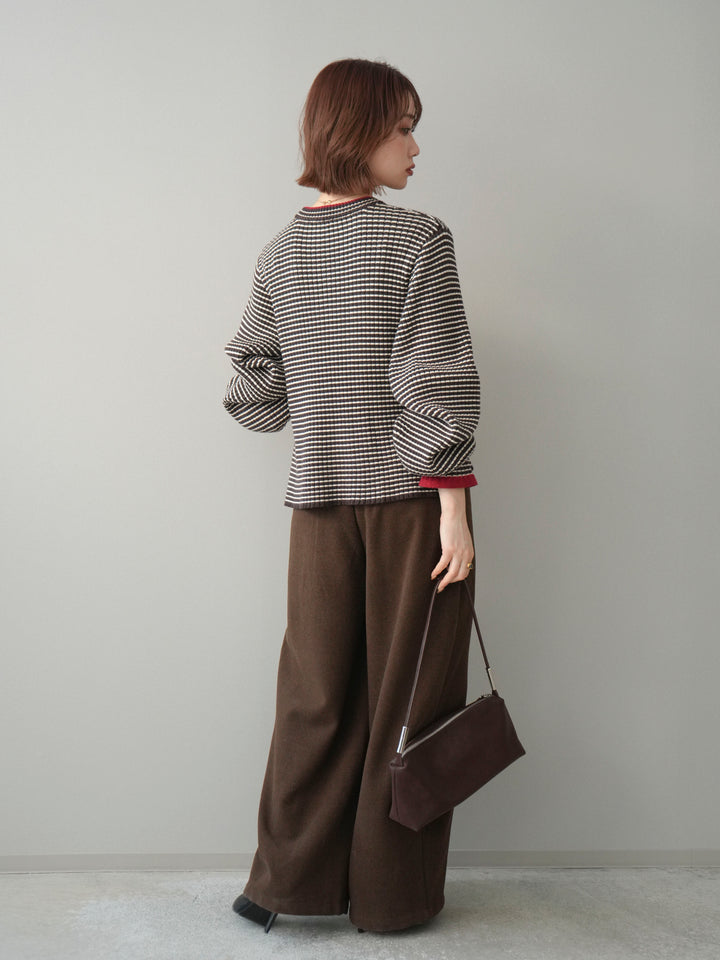 [SET]ラメ異素材ボーダーリブニットプルオーバー+ベルト付起毛コクーンパンツ(2set)