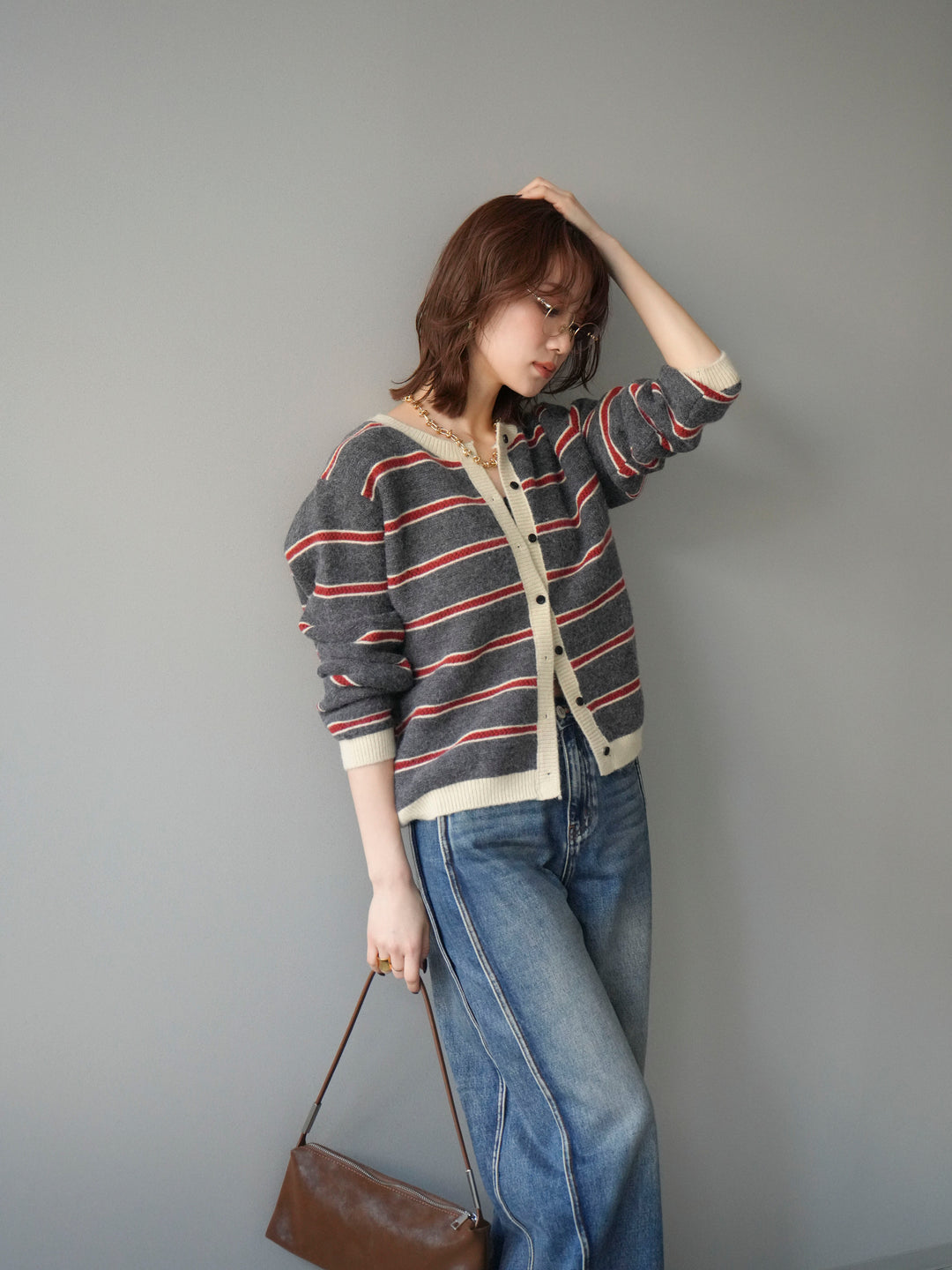 [予約]配色ボーダーニットカーディガン/gray
