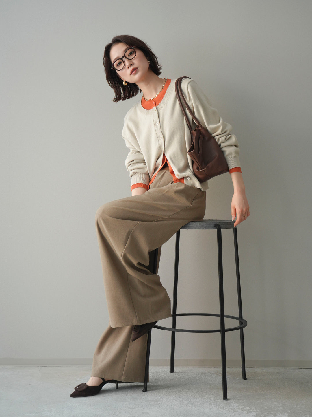 [予約]配色レイヤードコットンアクリルニットカーディガン/ivory