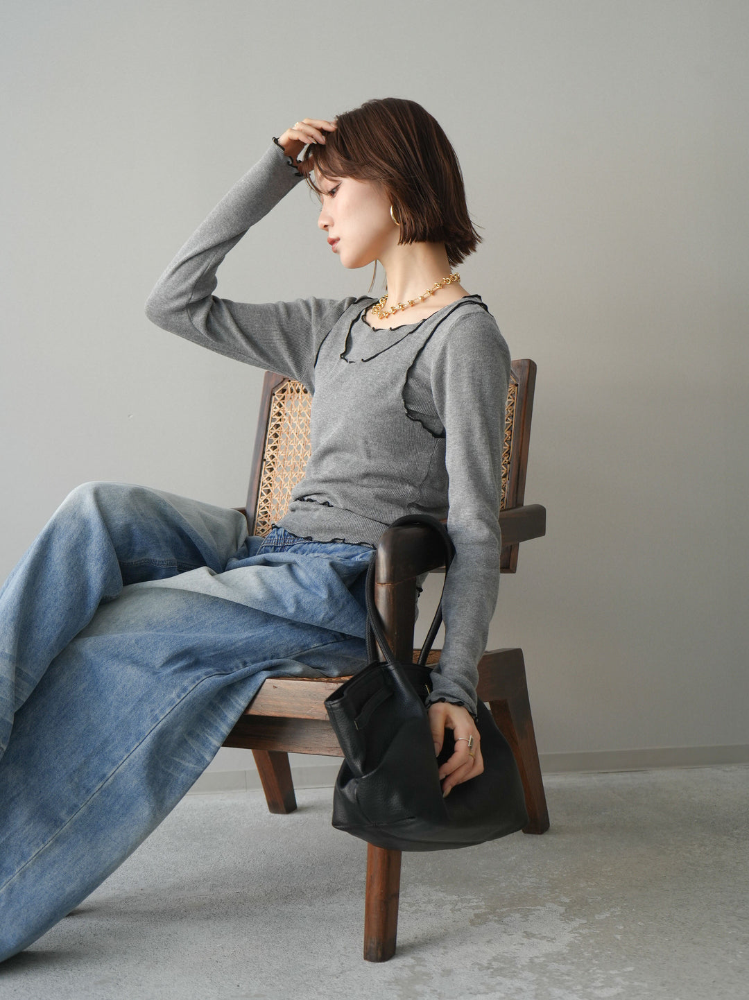 [予約]バイカラーメローアンサンブルシアーニットトップス/gray