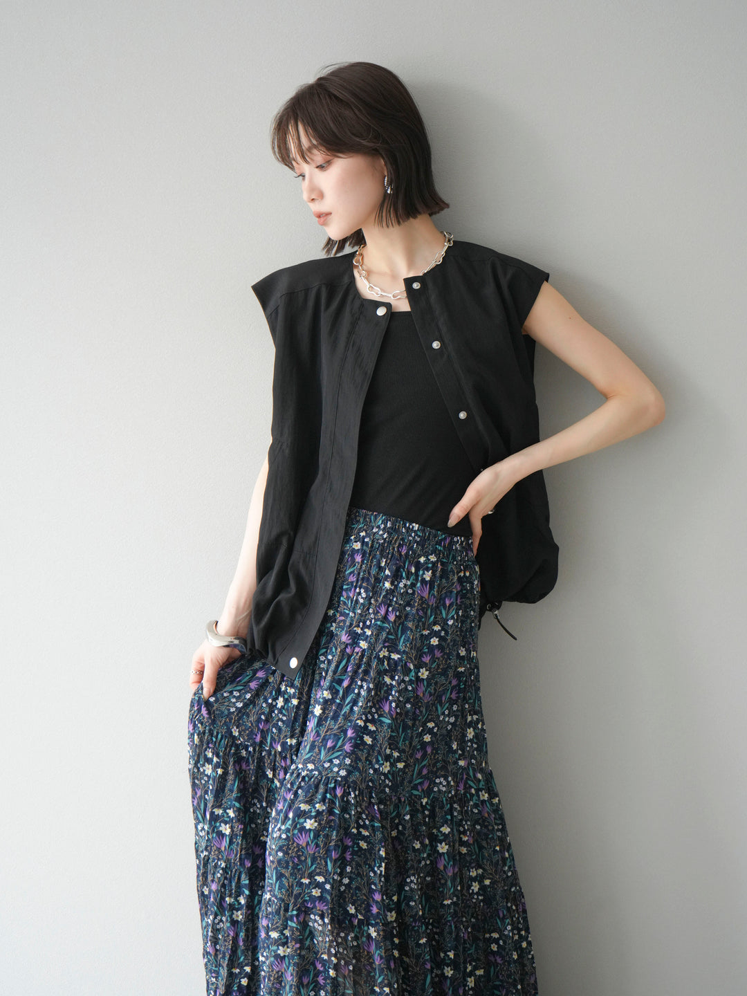 [SET]リネンライクドロストバルーンブルゾン+フラワーワッシャープリーツスカート(2set)