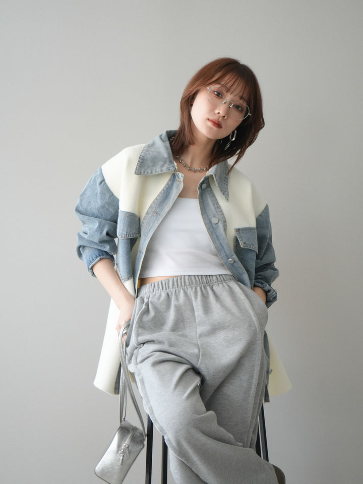 [予約]デニム襟ダブルフェイスニットカーディガン/white