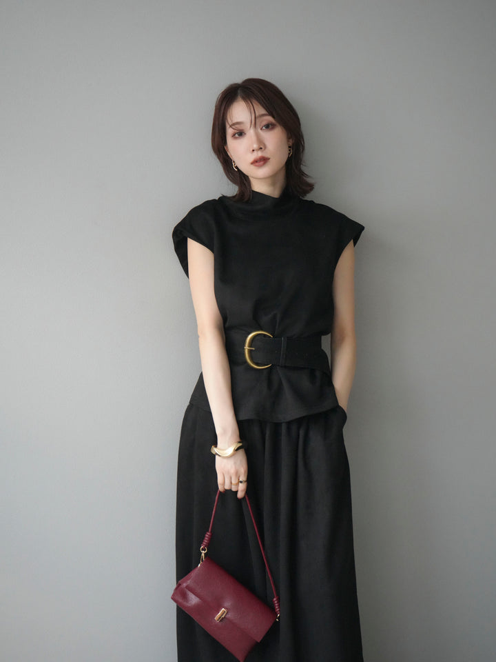 [SET]ベルト付スエードハイネックプルオーバー＆ワイドパンツSET UP